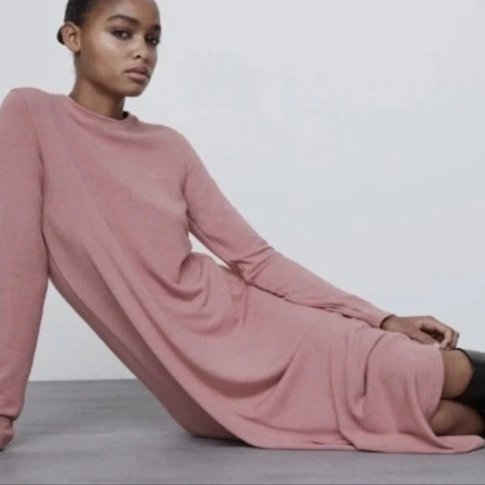 Zara Pink Long Sleeve Crew Neck Sheath Dress